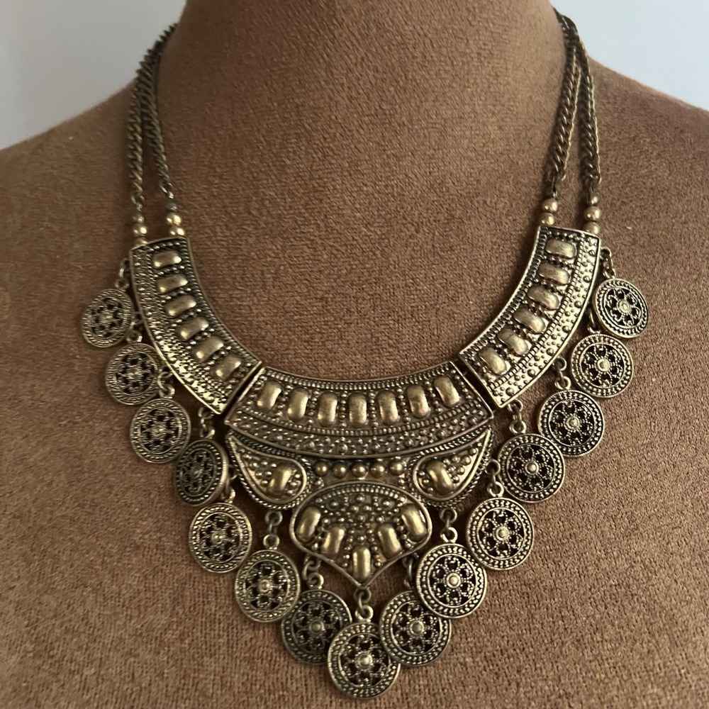 Antique Gold Tone Coin Fringe Bib Statement Necklace 18-20 inch EthnoCore